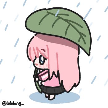 Rule 34 | 1girl, black skirt, blue eyes, bocchi the rock!, chibi, chibi only, closed mouth, commentary, from side, full body, gotoh hitori, highres, holding, holding leaf, jacket, leaf, leaf umbrella, long hair, looking ahead, lulalang, oversized object, pink hair, pink jacket, profile, rain, simple background, skirt, smile, solo, standing, symbol-only commentary, twitter username, white background