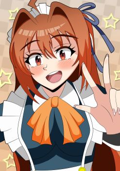 1girl absurdres ahoge antenna_hair apron brown_hair checkered_background commentary double-parted_bangs eiyuu_densetsu english_commentary estelle_bright hair_between_eyes hair_intakes highres kuro_skyline_-_kurome looking_at_viewer maid maid_apron maid_headdress neckerchief open_mouth portrait red_eyes simple_background smile solo sora_no_kiseki star_(symbol) twintails v yellow_neckerchief