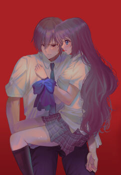 &gt;:( 1boy 1girl a-chan_(little_busters!) absurdres averting_eyes black_pants blue_bow blue_bowtie blue_eyes blue_necktie blush bound bound_wrists bow bowtie breasts brown_hair closed_mouth collared_shirt commentary_request cowboy_shot dress_shirt embarrassed eyelashes eyes_visible_through_hair feet_out_of_frame frown furrowed_brow grey_skirt hair_between_eyes hands_up hetero highres large_breasts little_busters! little_busters!_school_uniform long_hair looking_to_the_side miiizuno_lbs miniskirt natsume_kyousuke necktie pants plaid_clothes plaid_skirt pleated_skirt profile red_background red_eyes school_uniform shirt short_hair short_sleeves sidelocks simple_background sitting sitting_on_lap sitting_on_person skirt sweat tareme tsurime v-shaped_eyebrows very_long_hair white_shirt wrist_bow