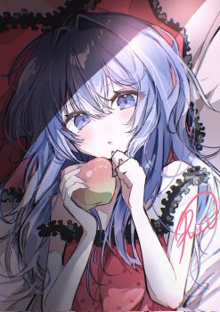 1girl apple blue_eyes blue_hair blue_nails camisole commentary_request cushion eyes_visible_through_hair fingernails food fruit hair_between_eyes hatsune_miku highres holding holding_food holding_fruit light_blush long_hair looking_at_viewer lying messy_hair nail_polish on_back pillow pink_camisole pink_pillow polka_dot_camisole ria_art romeo_to_cinderella_(vocaloid) vocaloid