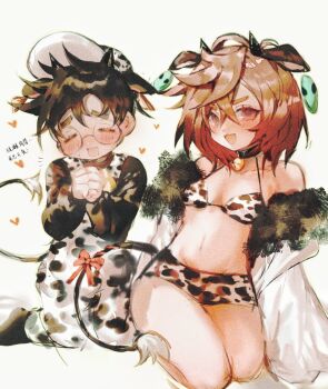 1boy 1girl animal_earrings animal_ears animal_print ayase_momo bare_shoulders baseball_cap bell bikini black_choker black_hair black_shirt blush bow breasts brown_eyes brown_hair choker cleavage closed_eyes coat commentary cow_boy cow_ears cow_girl cow_horns cow_print cow_tail crossed_bangs dandadan de557777 fur-trimmed_coat fur_trim glasses hair_between_eyes hat highres horns kemonomimi_mode kneeling medium_breasts medium_hair midriff neck_bell off-shoulder_coat off_shoulder open_mouth overalls own_hands_together print_bikini print_hat print_overalls round_eyewear shirt short_hair sweat swimsuit symbol-only_commentary tail tail_bow tail_ornament takakura_ken_(dandadan) thick_eyebrows white_background white_coat