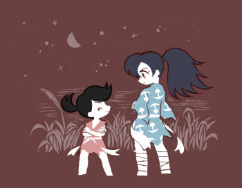 Rule 34 | 1boy, 1girl, belt, black hair, brown background, commentary request, crescent moon, crossed arms, dororo (character), dororo (tezuka), facing another, full body, hyakkimaru (dororo), long hair, looking at another, moon, ponytail, reverse trap, smile, standing, tanba (tanba-art)