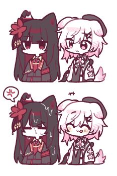 Rule 34 | +++, 2girls, :3, ^ ^, anger vein, animal ears, annoyed, armband, beret, black dress, black hair, black hat, black shirt, blush, cat ears, cat girl, closed eyes, cropped torso, dog ears, dog girl, dog tail, dress, flower, hair flower, hair ornament, hat, highres, jitome, kemonomimi mode, licking, licking another&#039;s face, long hair, long sleeves, looking at another, mahou shoujo no majo saiban, multiple girls, neck ribbon, necktie, nikaido hiro, no mouth, pink eyes, red armband, red eyes, red flower, red necktie, ribbon, sakuraba ema, saliva, shirt, simple background, smile, spoken anger vein, tail, tongue, tongue out, tsu (21uwu ), wet, white background, white hair