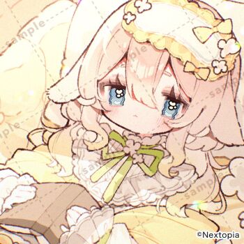 1girl blue_eyes blush brown_hair closed_mouth commentary_request copyright_notice double-parted_bangs frilled_sleeves frills green_ribbon hair_between_eyes long_hair long_sleeves neck_ribbon nextopia official_art ribbon sample_watermark shirt sleep_mask solo tsumugi_mei upa_papa_co upper_body virtual_youtuber watermark watermark_grid yellow_shirt