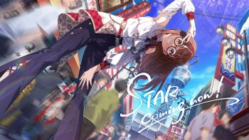 6+others armpits asymmetrical_jacket bell-bottoms belt black-framed_eyewear blue_sky bow building buttons chain city clear_sky cross-laced_clothes cross-laced_pants cross-laced_slit crowd day detached_sleeves english_text faceless frilled_jacket frilled_sleeves frills from_below game_cg gingham_clothes grin hair_down hand_on_own_leg heart idolmaster idolmaster_million_live! idolmaster_million_live!_theater_days jacket lamppost leaning_forward long_hair long_sleeves looking_at_viewer multiple_others official_alternate_hairstyle official_art outdoors panther_print pants power_lines puffy_long_sleeves puffy_sleeves red_bow road round_eyewear sign sky smile street teeth third-party_source v white_jacket white_sleeves yokoyama_nao