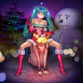 1boy 1girl all_fours anal_beads aneros antlers aqua_eyes aqua_hair ball_gag bare_shoulders bdsm blonde_hair blush body_writing bondage boots bound breasts butt_plug candle chain chain_leash christmas christmas_tree city cleavage clothed_female_nude_male collarbone corset elbow_gloves femdom fingernails flogger gag gagged gloves hair_ornament hatsune_miku hetero high_heel_boots high_heels highres horns jewelry kagamine_len key leash lock long_hair looking_at_viewer medium_breasts nail_polish naughty_face necklace nude number_tattoo outdoors padlock pet_boy pet_play prostate_massager red_gloves riding santa_costume sex_toy shoes short_hair shoulder_tattoo sitting sitting_on_person skirt sky smirk snowman spread_legs star_(sky) star_(symbol) starry_sky tattoo thigh_boots thighhighs translated tree twintails very_long_hair vocaloid when_you_see_it whip wokada yellow_nails