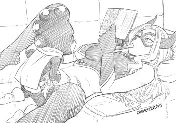 1boy 1girl bodysuit boku_no_hero_academia cape chips_(food) clothes_pull eating fake_horns food gloves hetero holding holding_manga horned_headwear horns ignoring long_hair lying manga_(object) mask mineta_minoru missionary monochrome mount_lady netorare on_back on_bed pants pants_pull penis potato_chips pussy reading saliva serious sex shoganight spread_legs torn_bodysuit torn_clothes twitter_username uncensored