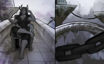 1boy absurdres black_shirt chain chair demon_boy empty_eyes extra_arms figure_four_sitting floating_island full_body grey_skirt grin highres looking_at_viewer monster_boy official_alternate_costume shadow_slave shirt sitting skirt smile solo sunny_(shadow_slave) t0ruuu white_eyes