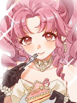 1girl bare_shoulders bead_necklace beads birthday black_gloves bow bow_choker bracelet brown_eyes cake cake_slice choker closed_mouth collarbone dot_nose dress drill_hair earrings eating eyelashes fengyewuguichu flower flower_bracelet flower_necklace food gloves gold_tiara happy happy_birthday highres holding holding_plate infinity_nikki jewelry light_blush light_particles lips long_hair looking_at_viewer melody_bloom_(infinity_nikki) momo_(nikki) necklace nikki_(nikki) nikki_(series) parted_lips pink_hair pink_lips plate rose shining_nikki sidelocks silky_sweet_dream_(shining_nikki) simple_background smile solo strapless strapless_dress tiara upper_body white_background white_bow white_choker white_dress white_flower white_rose