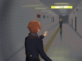 Rule 34 | 1boy, 1girl, black jacket, black pantyhose, black shirt, brown hair, commentary request, ghost, hallway, hanamura yousuke, headphones, headphones around neck, highres, jacket, konishi saki, neckerchief, pantyhose, persona, persona 4, pleated skirt, poster (object), reaching, school uniform, shirt, short hair, sign, skirt, the exit 8, tile floor, tile wall, tiles, usa (kawaii 152cm), yellow neckerchief