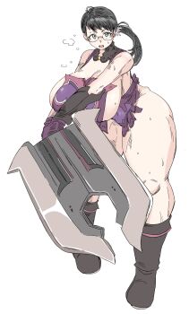 Rule 34 | 1girl, absurdres, bamman, black hair, boots, breasts, cattleya (queen's blade), commentary, commentary request, flying sweatdrops, glasses, gloves, highres, holding, holding weapon, huge breasts, huge weapon, looking ahead, mature female, open mouth, plump, ponytail, queen's blade, revealing clothes, sideboob, simple background, solo, steam, sweat, sword, thick thighs, thighs, underwear, weapon, white background