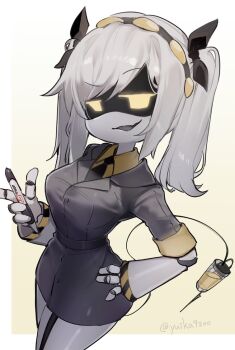 1girl belt black_jacket black_necktie black_ribbon black_skirt border breasts collared_shirt colored_skin cowboy_shot english_text female_focus formal_clothes garter_straps gradient_background grey_hair grey_skin hair_ribbon hairband half-closed_eyes hand_on_own_hip hand_up happy highres holding holding_pen humanoid_robot j_(murder_drones) jacket joints long_hair looking_at_viewer medium_breasts miniskirt murder_drones necktie open_mouth outside_border pen pencil_skirt raised_eyebrow ribbon robot robot_joints shirt sidelocks sideways_mouth simple_background skirt skirt_suit sleeves_rolled_up smile solo standing suit swept_bangs tail thighs twintails white_border yellow_background yellow_eyes yellow_hairband yellow_shirt yuii_(yuika9200)