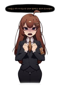 1girl ahoge armband black_jacket black_pants black_suit blue_eyes brown_armband brown_hair brown_necktie clenched_hands collared_shirt commentary cowboy_shot formal_clothes hair_ornament hairclip hashtag-only_commentary highres hod_(project_moon) jacket korean_text lobotomy_corporation long_hair necktie open_mouth pants project_moon shirt simple_background solo suillus suit translation_request white_background white_shirt