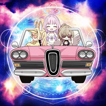 3girls angel_wings animal_ears bikini blonde_hair blue_archive car fox_ears gesupi_(provlemsolver57) halo hat highres long_hair looking_at_viewer mika_(blue_archive) motor_vehicle multiple_girls nagisa_(blue_archive) nagisa_(swimsuit)_(blue_archive) pink_hair seia_(blue_archive) smile sunglasses swimsuit tea_party_(blue_archive) upper_body white_bikini wings