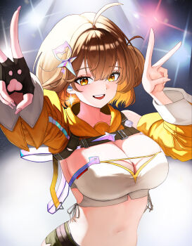 1girl absurdres ahoge anis_(nikke) anis_(star)_(nikke) bandeau bare_shoulders blush breasts brown_eyes brown_hair cat_hair_ornament cat_ornament chest_strap cleavage clothing_cutout commentary_request double_v earrings fingerless_gloves gloves goddess_of_victory:_nikke green_shorts hair_ornament highres jewelry jiyamig large_breasts long_sleeves looking_at_viewer midriff navel official_alternate_costume open_mouth short_hair short_shorts shorts shoulder_cutout shrug_(clothing) single_fingerless_glove smile solo teeth upper_teeth_only v white_bandeau yellow_shrug