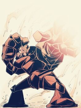 1girl blonde_hair final_fantasy final_fantasy_v from_above golem_(final_fantasy) horns krile_mayer_baldesion_(ff5) light looking_at_viewer oversized_clothes ponytail rock saitou_piyoko simple_background single_horn smile summoner_(final_fantasy) summoning white_background wide_sleeves