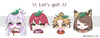 Rule 34 | 2boys, 2girls, animal ears, blonde hair, cat ears, cat girl, closed eyes, commentary request, cuilang (rune factory), facing viewer, green eyes, highres, kaguya (rune factory), kotaro (rune factory), leaf, leaf on head, long hair, looking at viewer, multiple boys, multiple girls, potacha, purple eyes, red hair, rune factory, rune factory: guardians of azuma, yachiyo (rune factory), yellow eyes