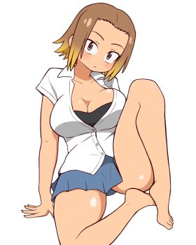 Rule 34 | 1girl, arm support, barefoot, black bra, blue skirt, blush, bra, breasts, brown eyes, brown hair, cleavage, collared shirt, dark skin, feet, gradient hair, gyaru, highres, kasamaru aoi, large breasts, looking at viewer, multicolored hair, parted bangs, pleated skirt, revision, ruri no houseki, sanpaku, school uniform, shirt, short sleeves, simple background, sitting, skirt, solo, tan, thighs, toes, underwear, wejon, white background, white shirt