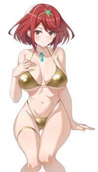 1girl absurdres back bare_shoulders bikini blush bob_cut breasts chest_jewel cleavage closed_mouth collarbone commentary cowboy_shot curvy earrings english_commentary engrish_commentary gold_bikini highleg highleg_bikini highres jewelry large_breasts looking_at_viewer mzrz navel pyra_(xenoblade) red_eyes red_hair short_hair sideboob simple_background skindentation smile solo string_bikini swept_bangs swimsuit thick_thighs thigh_strap thighs thong thong_bikini tiara white_background xenoblade_chronicles_(series) xenoblade_chronicles_2 yellow_eyes
