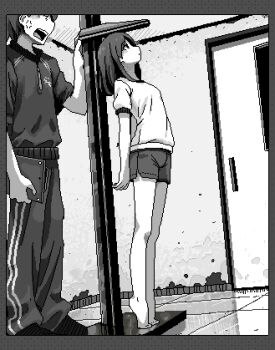 1boy 1girl anger_vein arms_behind_back barefoot border clipboard door expressionless greyscale gym_uniform hamsterfragment hand_up holding holding_clipboard jaggy_lines looking_at_another lowres measuring medium_hair monochrome open_mouth original pants puffy_short_sleeves puffy_sleeves reflective_floor shirt short_hair short_shorts short_sleeves shorts stadiometer standing shinohata_sachie_(hamsterfragment) teeth tile_floor tiles tiptoes track_pants upper_teeth_only
