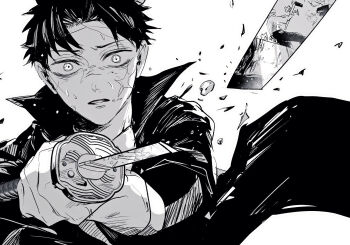 21g_yaseru 2boys broken broken_sword broken_weapon coat commentary enten_(sword) facial_scar greyscale highres holding holding_sword holding_weapon kagurabachi katana male_focus monochrome multiple_boys rokuhira_chihiro rokuhira_kunishige scar scar_across_eyes scar_on_cheek scar_on_face short_hair solo_focus sweat sword weapon