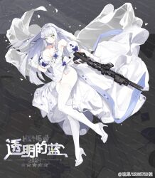 Rule 34 | 1girl, absurdres, alternate costume, assault rifle, breasts, dress, facial mark, full body, girls&#039; frontline, green eyes, gun, h&amp;k hk416, hair ornament, highres, hk416 (girls&#039; frontline), holding, holding gun, holding weapon, large breasts, liu zhao, long hair, rifle, solo, thighhighs, weapon, wedding dress, white dress, white thighhighs