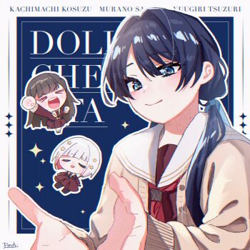 Rule 34 | > <, 3girls, :d, absurdres, aqua neckerchief, arm up, black gloves, black pantyhose, blue background, blue eyes, blue hair, blue ribbon, blush, bob cut, border, brown cardigan, brown dress, brown hair, cardigan, center-flap bangs, character name, chibi, closed eyes, closed mouth, colored inner hair, dark blue hair, diagonal bangs, dollchestra, dress, gloves, group name, hair ornament, hair ribbon, hasu no sora school uniform, highres, inverted bob, kachimachi kosuzu, link! like! love live!, long hair, long sleeves, love live!, low twintails, medium dress, mini person, minigirl, mole, mole on neck, multicolored hair, multiple girls, murano sayaka, neckerchief, open cardigan, open clothes, open mouth, outside border, pantyhose, pleated dress, ponchishioriko, raised fist, red hair, red neckerchief, ribbon, sailor collar, sailor dress, school uniform, short hair, smile, star (symbol), star hair ornament, streaked hair, twintails, u u, upper body, virtual youtuber, white border, white hair, white sailor collar, winter uniform, xd, yellow neckerchief, yugiri tsuzuri