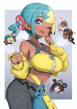 2girls 3boys ;d aqua_hair bandeau black_mask black_pants blonde_hair blue_eyes blue_pants blush canari_(pokemon) center-flap_bangs commentary_request dark-skinned_female dark_skin gonzarez gwynn_(pokemon) highres jacket looking_at_viewer mani_(pokemon) mask mask_pull mouth_mask multicolored_hair multiple_boys multiple_girls naveen_(pokemon) nintendo one_eye_closed open_mouth pants pokemon pokemon_legends:_z-a short_twintails smile steaming_body sweat tarragon_(pokemon) twintails two-tone_mask two-tone_pants yellow_bandeau yellow_jacket yellow_mask