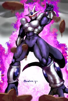 Rule 34 | 1boy, abs, absurdres, armor, artist name, aura, black nails, blurry, blurry background, breastplate, cloud, cloudy sky, colored skin, commentary request, cooler (dragon ball), cooler (fifth form) (dragon ball), day, dragon ball, dragonball z, floating, floating rock, forehead jewel, glowing, glowing eyes, highres, hone ryu, horns, mask, mouth mask, muscular, muscular male, no humans, no pupils, outdoors, purple skin, red eyes, rock, shoulder armor, sky, solo, tail, vambraces