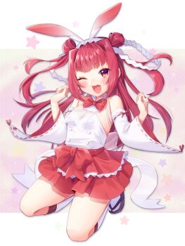 1girl ;d bare_shoulders beatmania_iidx beatmania_iidx_19_lincle bemani bow bowtie breasts commentary detached_sleeves double_bun fang full_body hair_bun hairband highres japanese_clothes kaniku kneeling long_hair looking_at_viewer official_alternate_costume one_eye_closed open_mouth petite red_bow red_bowtie red_eyes red_hair sandals skin_fang smile socks solo symbol-only_commentary two_side_up umegiri_ameto white_sleeves white_socks