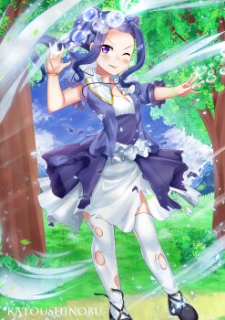 1girl absurdres artist_name black_boots blue_dress blue_eyes blue_sky blush boots breasts cloud cloudy_sky commentary_request day dirt_road dress frown full_body hand_up highres hydrokinesis katou_shinobu lips loli medium_hair melty_q_melromarc multicolored_dress one_eye_closed outdoors outstretched_arm purple_dress purple_eyes road short_sleeves sidelocks sky small_breasts solo standing tate_no_yuusha_no_nariagari thighhighs torn_clothes torn_dress torn_thighhighs twintails v-shaped_eyebrows water white_dress white_thighhighs wristband