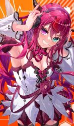 Rule 34 | 1girl, armpits, arms up, asymmetrical wings, black thighhighs, blue eyes, blush, breasts, brooch, cleavage, cleavage cutout, clothing cutout, commentary, cross-shaped pupils, crystal wings, detached sleeves, dress, dress flower, earphones, grin, hands on headphones, heart, heart brooch, heterochromia, highres, hololive, hololive english, horns, irys (hololive), irys (irys 2.0) (hololive), itsuki (itsukii en), jewelry, juliet sleeves, long hair, long sleeves, looking at viewer, medium breasts, multicolored hair, pink eyes, puffy sleeves, red hair, short dress, sleeveless, sleeveless dress, smile, solo, streaked hair, symbol-shaped pupils, thighhighs, very long hair, virtual youtuber, white dress, white sleeves, wings