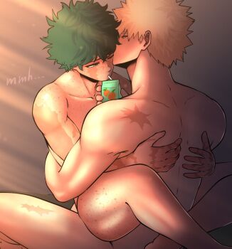 2boys abs ass back bakugou_katsuki blonde_hair body_freckles boku_no_hero_academia bones_(company) completely_nude crossed_legs drink_carton drinking freckles green_eyes green_hair hug indoors juice juice_box kiss legs messy_hair midoriya_izuku multiple_boys nude nyxdrawhine orange_juice pectorals riding scar scar_on_arm sex shounen_jump spiked_hair yaoi