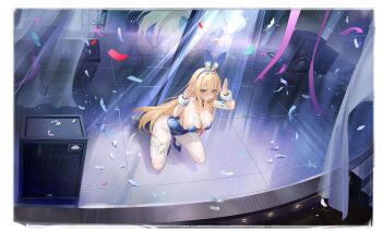 1girl absurdres amplifier animal_ears azur_lane bayard_(azur_lane) bayard_(the_most_treacherous_trial)_(azur_lane) blonde_hair blue_eyes blue_footwear blue_leotard blush breasts cleavage closed_mouth confetti covered_navel embarrassed fake_animal_ears fake_tail hands_up high_heels highleg highleg_leotard highres hologram large_breasts leotard long_hair looking_at_viewer non-web_source official_alternate_costume official_art pantyhose playboy_bunny pole rabbit_ears rabbit_pose rabbit_tail screen solo speaker squatting stage stage_lights strapless strapless_leotard stripper_pole tail undersized_breast_cup very_long_hair white_pantyhose wrist_cuffs