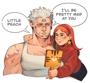 1boy 1girl 50gryvnia blue_eyes brown_eyes commentary cosplay cropped_torso earrings english_commentary english_text expressionless eyebrow_cut gravity_falls grey_hair hello_kitty highres holding holding_mirror itadori_yuuji itadori_yuuji_(cosplay) jewelry jujutsu_kaisen long_hair mabel_pines mature_male mirror muscular muscular_male partially_blind red_sweater ryoumen_sukuna_(jujutsu_kaisen) ryoumen_sukuna_(jujutsu_kaisen)_(cosplay) sanrio scar scar_on_shoulder short_hair smile speech_bubble grunkle_stan star_(symbol) star_earrings sticker_on_chest sweater tank_top teeth turtleneck turtleneck_sweater uncle_and_niece white_tank_top wrinkled_skin