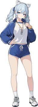 1girl animal_ear_hairband animal_ears blue_jacket blue_shorts cat_ear_hairband cat_ears charlotte_(solo_leveling) dolphin_shorts drill_hair fake_animal_ears full_body hairband highres jacket looking_at_viewer official_alternate_costume official_art open_clothes open_jacket shirt shoes shorts simple_background socks solo solo_leveling solo_leveling:_arise transparent_background twin_drills whistle whistle_around_neck white_shirt white_shoes white_socks