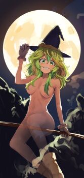 Rule 34 | 1girl, black hat, boku no hero academia, boots, breasts, broom, broom riding, commentary, convenient hair, full moon, gloves, green eyes, green hair, hagakure toru, hat, huge moon, long hair, looking at viewer, moon, navel, night, nude, see-through body, smile, solo, white gloves, witch, witch hat, yolga0101