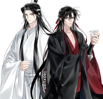 Rule 34 | 2boys, alcohol, artist name, black coat, black hair, chinese clothes, chinese commentary, choko (cup), closed mouth, coat, commentary request, cup, hair between eyes, hair down, hair ribbon, half updo, hanfu, headband, highres, holding, holding cup, implied yaoi, lan wangji, long hair, long sleeves, looking at viewer, loxunzixin31122, male focus, modao zushi, multiple boys, official alternate costume, official alternate hairstyle, open clothes, open coat, red eyes, red hanfu, red ribbon, ribbon, robe, sidelocks, simple background, smile, standing, topknot, very long hair, wei wuxian, wei wuxian (yiling laozu), white background, white hanfu, white headband, wide sleeves, xiao guan (headdress), yellow eyes