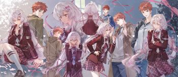 1girl artist_request black_jacket blue_sweater blush breasts chair cherry_blossoms classroom commentary commission couple desk emiya_shirou english_commentary falling_petals fate/stay_night fate_(series) gaoyue_jixiang glasses hetero highres jacket long_hair long_sleeves looking_at_another oc_x_canon on_chair on_desk open_clothes open_jacket orange_hair original pastels petals print_ribbon red_eyes red_hair ribbon school school_chair school_desk school_uniform second-party_source sitting skirt smile suzumiya_toru_(gaoyue_jixiang) sweater tree twintails very_long_hair white_hair white_jacket window