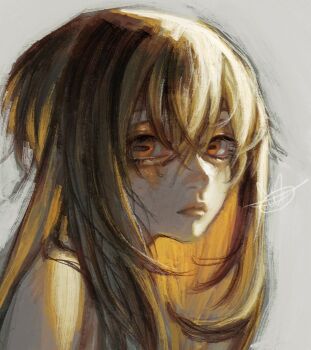 Rule 34 | 1girl, amo empool, brown hair, eyeshadow, gachiakuta, long hair, looking at viewer, makeup, messy hair, official art, orange eyes, orange eyeshadow, orange hair, orange lips, portrait, simple background, solo, urana kei, white background