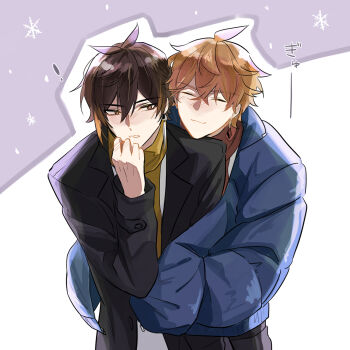 Rule 34 | 2boys, alternate costume, genshin impact, gils3105, head on another's shoulder, highres, image sample, multiple boys, pixiv, pixiv sample, tartaglia (genshin impact), winter clothes, yaoi, zhongli (genshin impact)