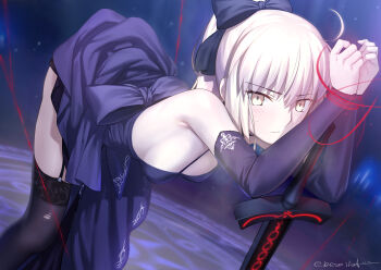 1girl absurdres ahoge angra_mainyu_(fate) armpits artoria_pendragon_(fate) back_ribbon bent_over besmiled black_dress blush bound corruption dark_persona detached_sleeves dress excalibur_morgan_(fate) fate/grand_order fate/stay_night fate/unlimited_blade_works fate_(series) garter_belt garter_straps hair_ribbon highres ponytail possessed possession ribbon saber_alter saber_alter_(third_ascension) scene_reference thighhighs tied_up_(nonsexual) white_hair