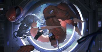 Rule 34 | 1girl, absurdres, alengzzz, armlet, backlighting, barefoot, blue hair, breasts, character request, commentary request, floating hair, full body, highres, jewelry, knees up, long hair, medium breasts, midriff, navel, orange pants, pants, parted lips, remembrance of earth's past, solo, zero gravity