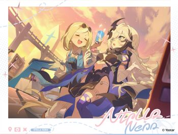 2girls bandaged_arm bandages black_hair bloc_(stella_sora) blonde_hair blue_vest border braid breasts can chinese_commentary cloud coin_purse collared_shirt commentary_request copyright_name copyright_notice cosette_(stella_sora) drink_can eyewear_on_head feet_out_of_frame highres holding holding_can kitto_ha long_braid long_hair medium_breasts monolith_(object) multicolored_hair multiple_girls navel neck_pouch orange_sky parted_bangs pelvic_curtain purple_thighhighs shirt side_braid side_part single_braid sky soda_can sparkle stella_sora streaked_hair sunglasses thighhighs torn_clothes torn_thighhighs very_long_hair vest white_border white_hair white_shirt