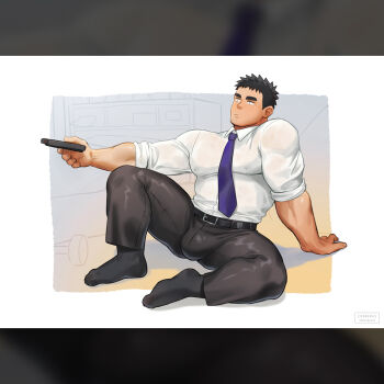 1boy bara black_hair black_socks bulge cerberus_arts collared_shirt commentary controller covered_erect_nipples english_commentary facial_hair full_body goatee holding holding_remote_control large_bulge large_pectorals looking_to_the_side male_focus mature_male muscular muscular_male necktie nipples outstretched_arm paid_reward_available pectorals purple_necktie remote_control revision salaryman see-through_clothes senpai_ga_uzai_kouhai_no_hanashi shirt short_hair sideburns sitting socks solo stubble takeda_harumi textless_version thick_eyebrows thick_thighs thighs wet wet_clothes wet_shirt white_shirt