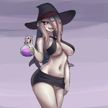 1girl aged_up alternate_breast_size_(larger) alternate_costume alternate_hairstyle alternative_body_build black_hat breasts breasts_apart cleavage donburi_(donburikazoku) female_focus flask hair_between_eyes hair_over_one_eye halterneck hat highres holding holding_flask large_breasts legs_together little_witch_academia long_hair long_tentacles looking_at_viewer miniskirt nail_polish naughty_face navel no_bra octoling octopus one_eye_covered open_clothes open_mouth pale_skin pencil_skirt potion revealing_clothes round-bottom_flask simple_background skirt smile solo standing sucy_manbavaran swimsuit tentacle_between_breasts tentacle_hair tight_clothes tight_miniskirt tight_skirt tongue tongue_out underboob wide_hips witch witch_hat