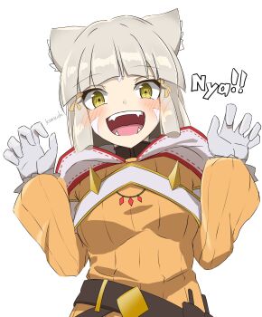 1girl absurdres animal_ears blush bodysuit cat_ears cat_girl commentary_request facial_mark fangs grey_hair highleg highleg_leotard highres jumpsuit kanuici336 leotard low_twintails nia_(xenoblade) open_mouth simple_background twintails xenoblade_chronicles_(series) xenoblade_chronicles_2 yellow_bodysuit yellow_eyes yellow_jumpsuit