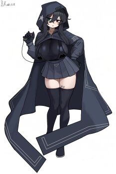 1girl aircraft airplane b-2_spirit black_hair black_thighhighs bomber breasts cloak commentary_request green_eyes heterochromia highres holding_detonator hood hooded_cloak huge_breasts mecha_musume military_vehicle original pckcool personification pleated_skirt red_eyes sidelocks skirt thighhighs united_states_air_force white_background