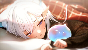 1girl animal_ear_fluff animal_ears black_sweater blush halo_sweety halo_sweety_(artist) highres indie_virtual_youtuber kotatsu long_hair long_sleeves mole mole_under_eye parted_lips pillow pointy_ears purple_eyes sweater table under_kotatsu under_table virtual_youtuber white_hair