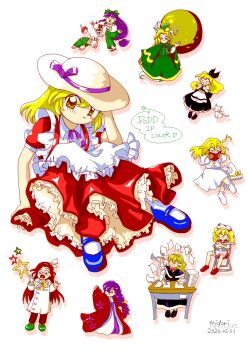 Rule 34 | 6+girls, alternate color, apron, asakura rikako, black capelet, black dress, black ribbon, black shoes, blonde hair, blue shoes, blush stickers, book, bow, buttons, capelet, cat, chair, closed eyes, commentary request, conical hat, desk, dress, ellen (touhou), flask, floral print, food, frilled dress, frills, genjii (touhou), ghost tail, glasses, green bow, green dress, green hat, green pants, green shoes, hair bow, hairband, hakurei reimu, happy, hat, hat ribbon, highres, holding, holding book, holding flask, holding food, holding ice cream, ice cream, japanese clothes, kana anaberal, kimono, kiri0ai, kirisame marisa, kitashirakawa chiyuri, kotohime (touhou), lab coat, long sleeves, mary janes, mima (touhou), moon, multiple girls, musical note, neck ribbon, official alternate color, okazaki yumemi, on chair, orb, pants, phantasmagoria of dim.dream, playable command (touhou), ponytail, purple hair, purple ribbon, reading, red dress, red hair, red kimono, red pants, red shoes, ribbon, sailor hat, sandals, shoes, short sleeves, shorts, socks, sokrates (touhou), solo focus, star (symbol), too many papers, touhou, touhou (pc-98), turtle, twintails, unworn headwear, white apron, white dress, white hairband, white hat, white shorts, white socks, wide sleeves, witch hat, writing, yellow bow, yellow eyes, yin yang, yin yang orb, zun (style)